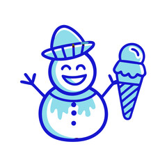 Happy snowman holding an ice cream cone against a white background  