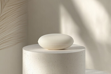white oval shaped soap bar rests elegantly on minimalist stone pedestal, surrounded by soft natural light and subtle shadows, creating serene and calming atmosphere