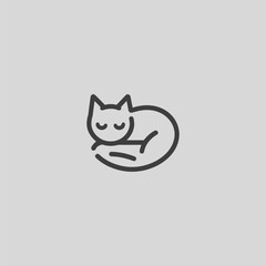 Sleeping cat logo in minimalist and simple line art style.