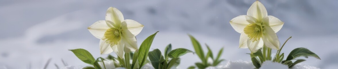 Fototapeta premium Delicate cream hellebore emerges from snowy landscape , beauty, frosty