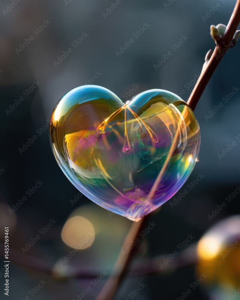 Poster heart shaped soap bubble on a branch reflecting rainbow colors in a macro close up shot