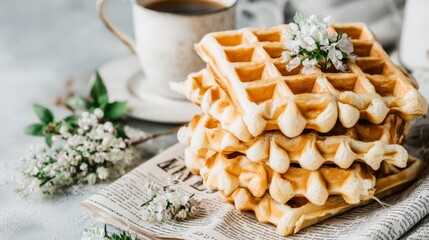 Side View of Golden Waffles Stacked with Coffee and Flowers on Newspaper