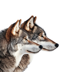 Obraz premium Two wolves with striking features and intense eyes are positioned side by side, showcasing their majestic fur and keen expressions. Their presence evokes sense of wild beauty and strength