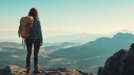 Back view of woman standing on a mountain peak with backpack looking at panoramic view.