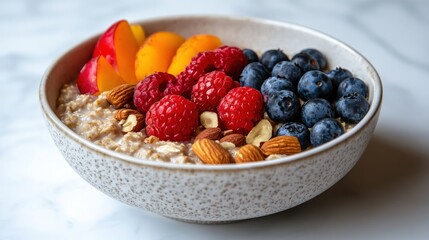 Delicious bowl of oatmeal with fresh fruits and nuts on white backdrop