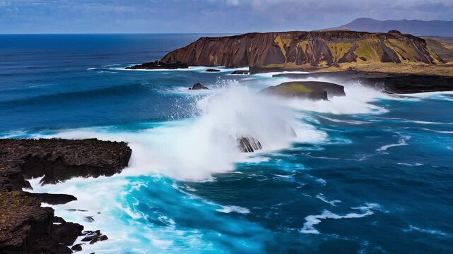 The ocean is calm and the waves are small. The sky is cloudy and the water is blue