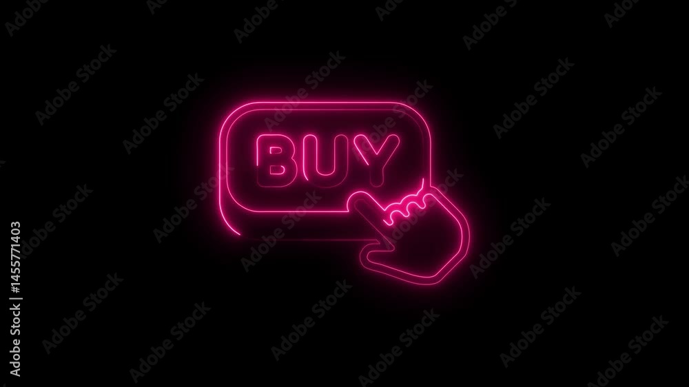 Poster neon buy button with hand cursor clicking animation on black background