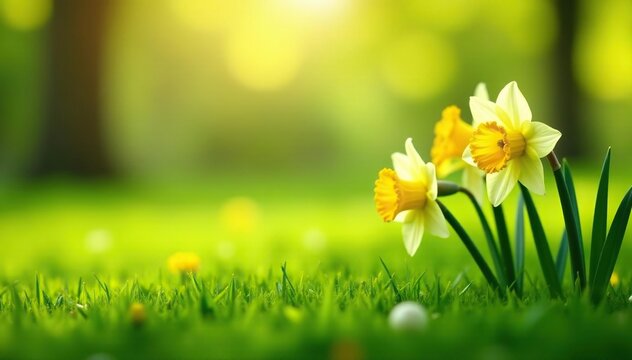 Soft green grass with blooming daffodils, sunny day , sunny, flora, springtime