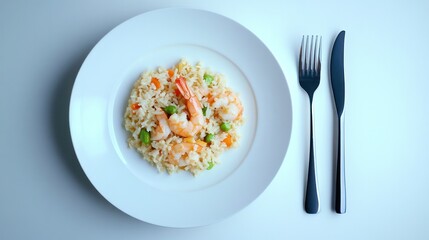 Delicious Shrimp and Vegetable Risotto Served on White Plate with Silver Fork and Knife, Gourmet Pasta Dish for Fine Dining and Culinary Cuisine Presentation