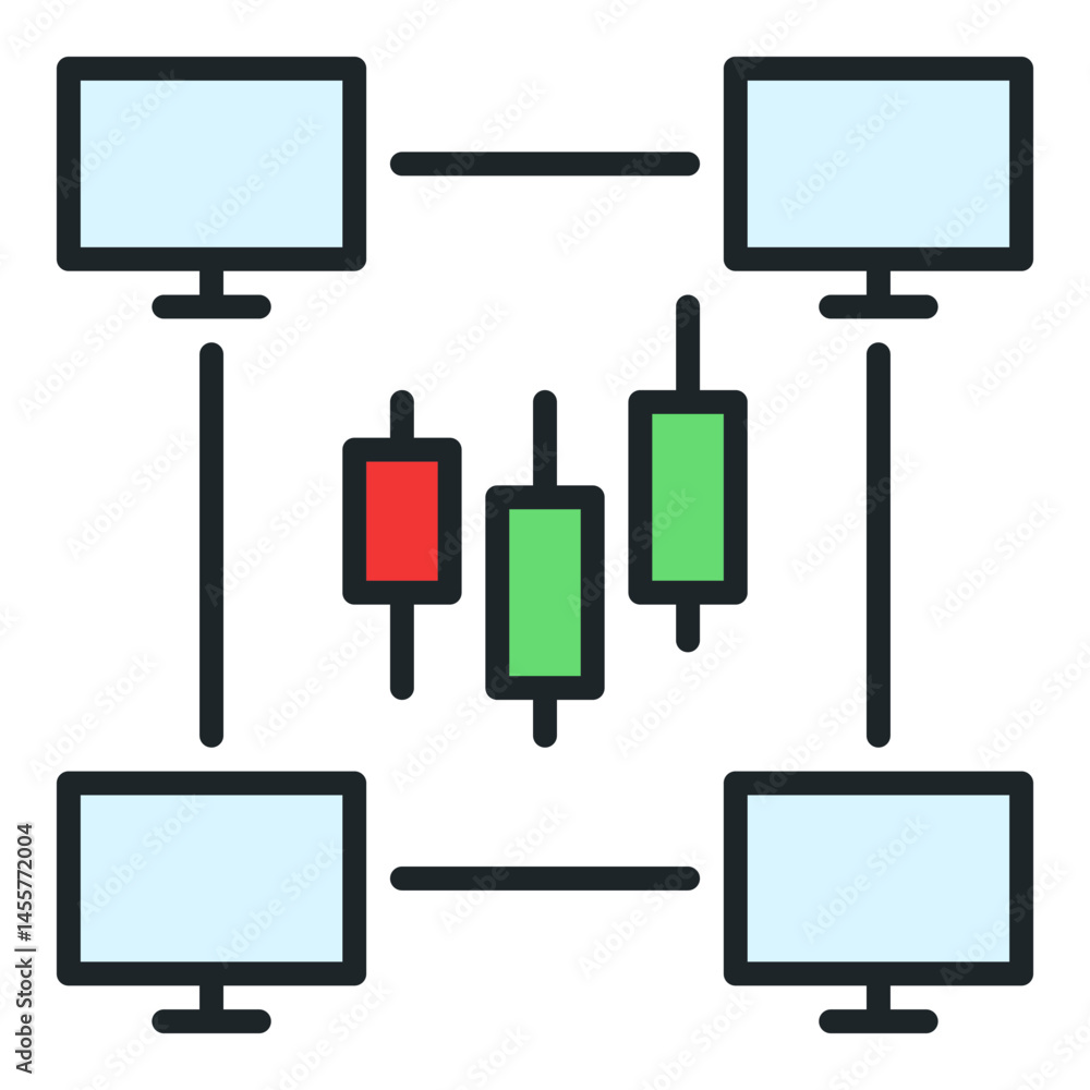 Poster candlestick chart with computers vector online trading colored icon or design element