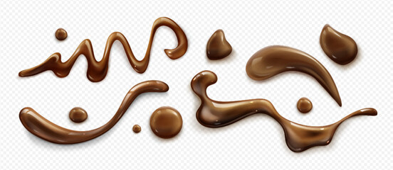 Liquid chocolate splashes set isolated on transparent background. Vector realistic illustration of melting dark brown choco, milk dessert drops, creamy glaze stains, cocoa syrup waves, paint splatter