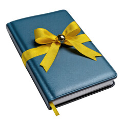 Charming blue book with a yellow bow representing the end of expression and creative documentation.