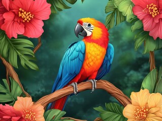 Obraz premium Vibrant Parrot Perched Among Lush Tropical Foliage and Blooming Hibiscus Flowers Beauty