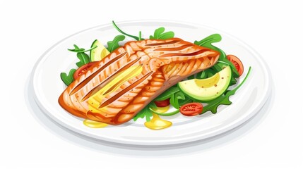 Grilled Salmon Fillet Served on Fresh Green Salad with Vegetables