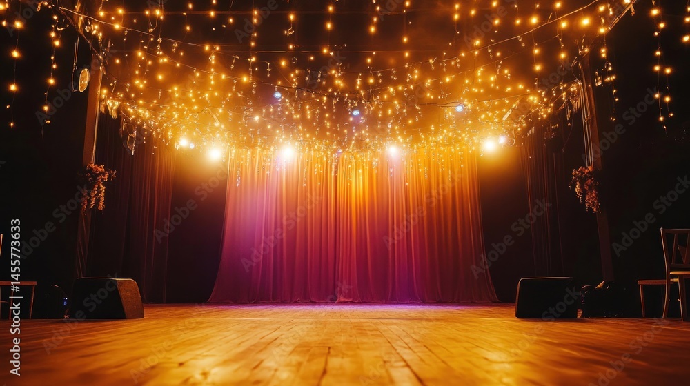 Poster empty stage with warm lighting and string lights