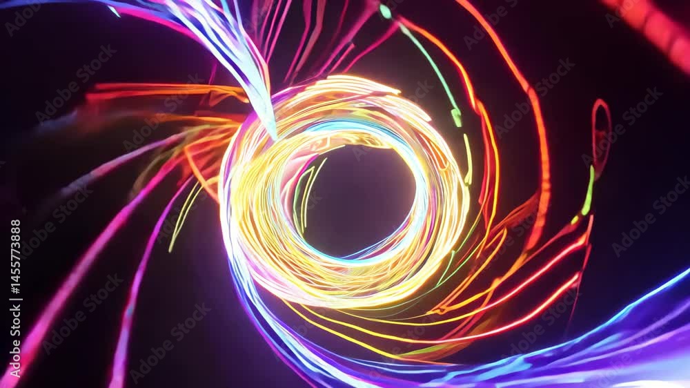 Poster dynamic abstract animation of colorful light loops on black background
