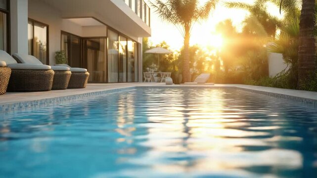 Tropical luxury resort swimming pool surrounded by lush palm trees and modern architecture, symbolizing relaxation, summer vacation, and high-end leisure experience. 