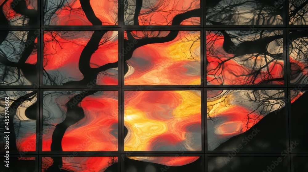 Poster a window with a tree silhouette and a fiery background.