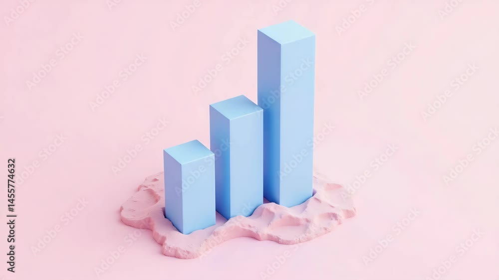 Poster three blue rectangular bars of increasing height stand in a pink clay-like base against a soft paste