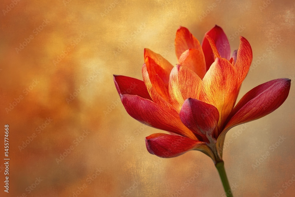 Poster vibrant red and orange flower with textured petals and a complementary warm background, creating an 