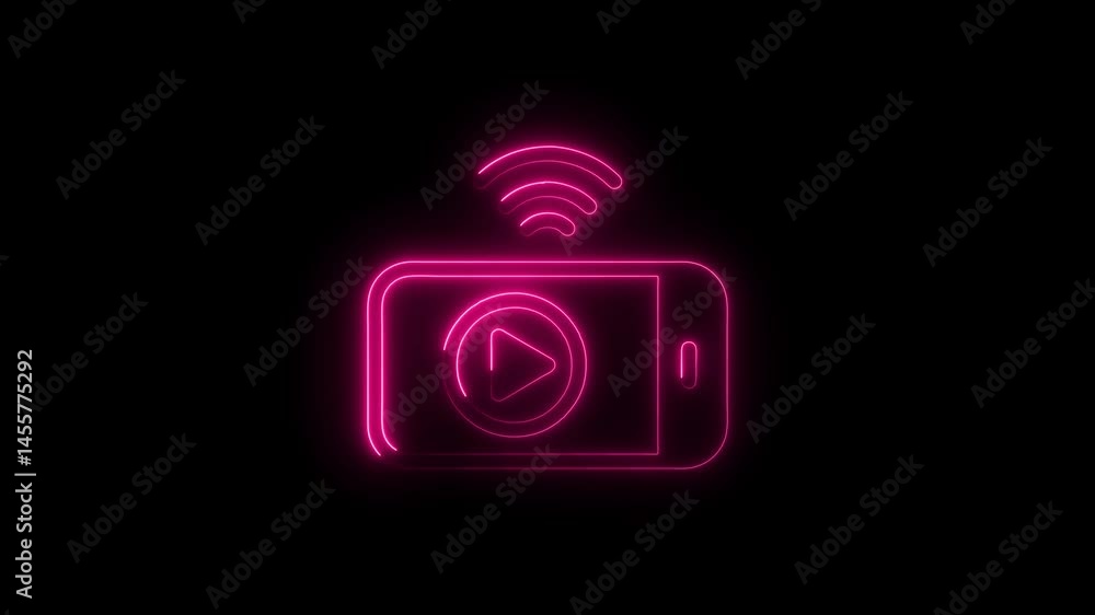 Poster glowing pink neon smartphone with play button and wifi connection on black background