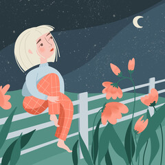 Girl looks at starry sky