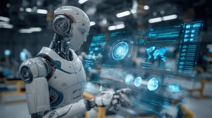 Fototapeta premium Futuristic Robot Standing in Front of Computer Screen Displaying Data Visualizations in a Modern Office Environment with a Tech Savvy Ambiance and Vibe