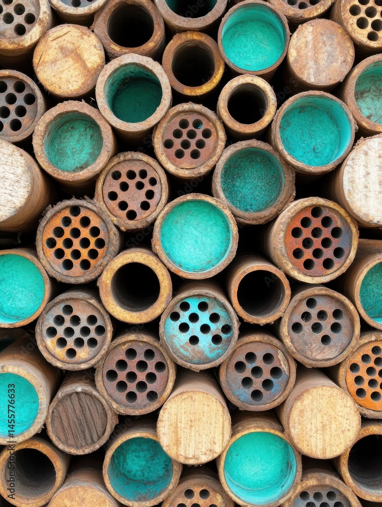 Poster rustic bee hotel structure with colorful interiors and varied hole patterns close up view