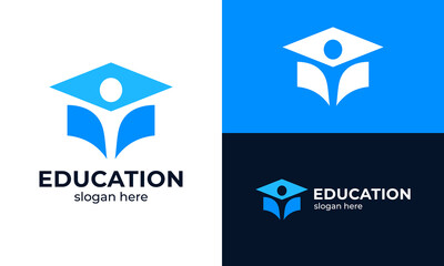 Education logo design. College, Campus, Graduation cap abstract Vector design with happy people pose symbol graphic icon