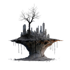Majestic tree standing tall with a ruined city in the background depicting a post-apocalyptic landscape and resilience.