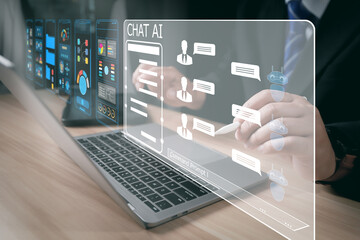 AI generates business communication and the development of chatbot digital technology, Artificial intelligence open for chat customers, concept of command prompt information, smart robot conversation