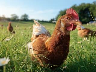 Fototapeta premium Free range chicken exploring green pasture on sunny day