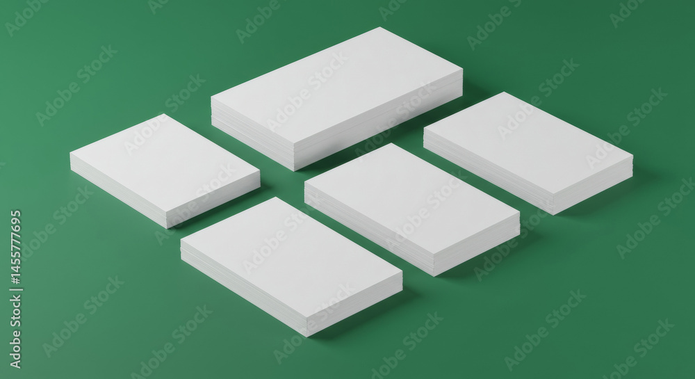 Poster stacks of blank business cards arranged on a green surface. a professional mockup of print design fe