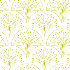 Gold Art Deco seamless pattern on a white background. Gold floral symmetrical endless print for wallpaper, fabric, and wrapping paper—geometric illustration.