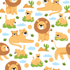 Fototapeta premium Lions seamless pattern. Lionesses and little cubs. African nature. Predators of feline family. Repeated kids print. Safari mammals. Cute leo pride. Savannah fauna. Vector background