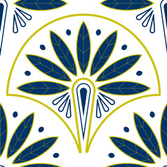 Art Deco seamless pattern on a white background. Gold and blue floral symmetrical endless print for wallpaper, fabric, and wrapping paper—geometric illustration.