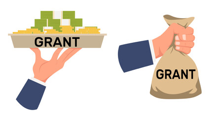 Hands hold grant money for education or medical treatment. Finance bag. Banking investment and charity donation. Dollar banknotes on tray. Financial help. Scholarship fund. Vector concept