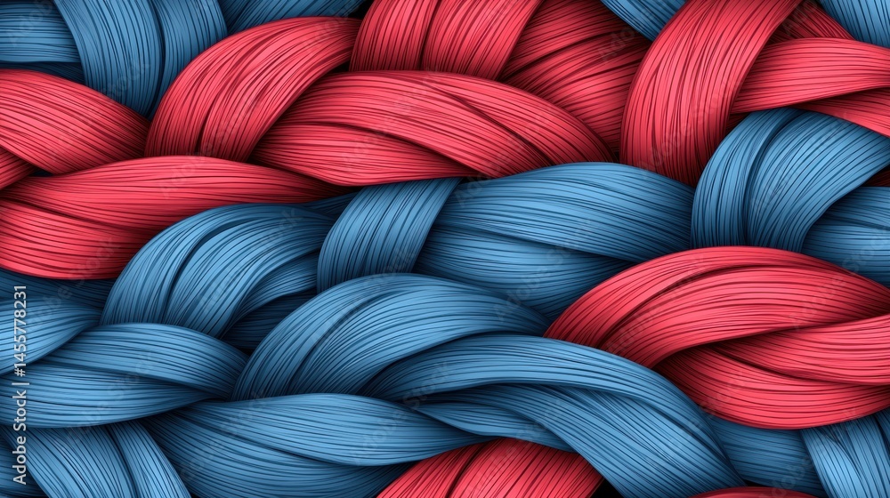 Poster a close-up view of a knitted fabric with alternating red and blue threads.