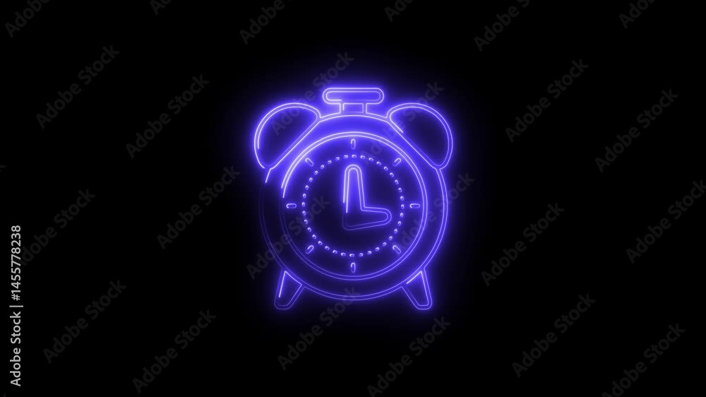 Poster glowing neon alarm clock animation on a black background for time concepts