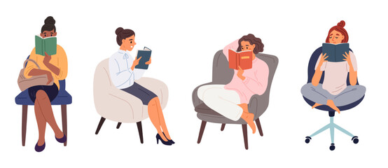 Girls in armchairs read books or magazines. Women sitting on chairs. Cozy sofa. Student learning textbook knowledge. People relax with literature in library. Vector female readers set