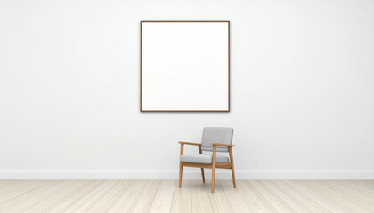 minimalist interior featuring wooden chair and blank frame on white wall creates serene atmosphere, perfect for showcasing art or photography