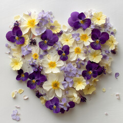 Heart shaped floral arrangement celebrating love and spring with pansies and primroses
