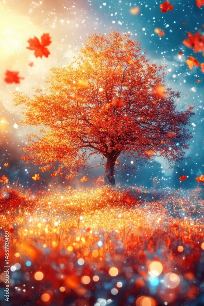 Poster autumnal tree in a magical landscape with falling leaves and soft light bokeh effects