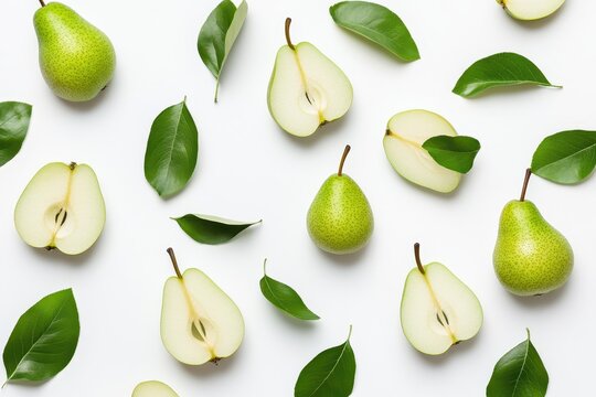 Fresh green pears with leaves flatlay food photography background ripe diet fruit juicy sweet white