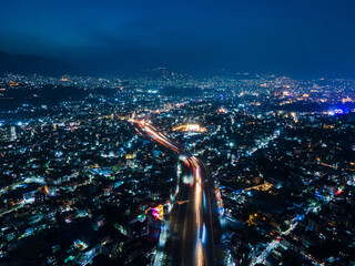 night Drone view of Ringroad highway Kathmandu, Nepal.