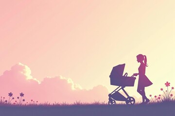 Subtle stroller silhouette repeat on pastel background, carriage, design, kids
