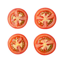 Fresh tomato slices are arranged neatly, showcasing their vibrant red color and juicy texture. These slices highlight seeds and inner structure, perfect for culinary presentations