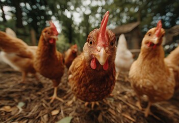 Curious Chickens on a Free Range Farm Pecking Toward the Camera in a Rustic Backyard Setting, Close Up View of Brown Hens in Natural Environment with Coop in the Background and Organic Farm Atmosphere