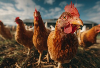 Curious Chickens on a Free Range Farm Pecking Toward the Camera in a Rustic Backyard Setting, Close Up View of Brown Hens in Natural Environment with Coop in the Background and Organic Farm Atmosphere