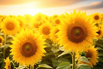 Fototapeta premium A field of sunflowers swaying gently in the breeze on a sunny day with soft sunlight illuminating the scene